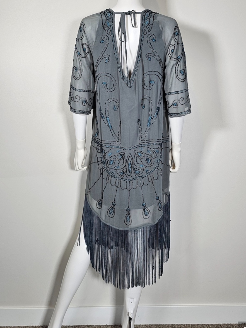 Free People Gray Blue Beaded Vintage Fringe Dress Small - Picture 5 of 14